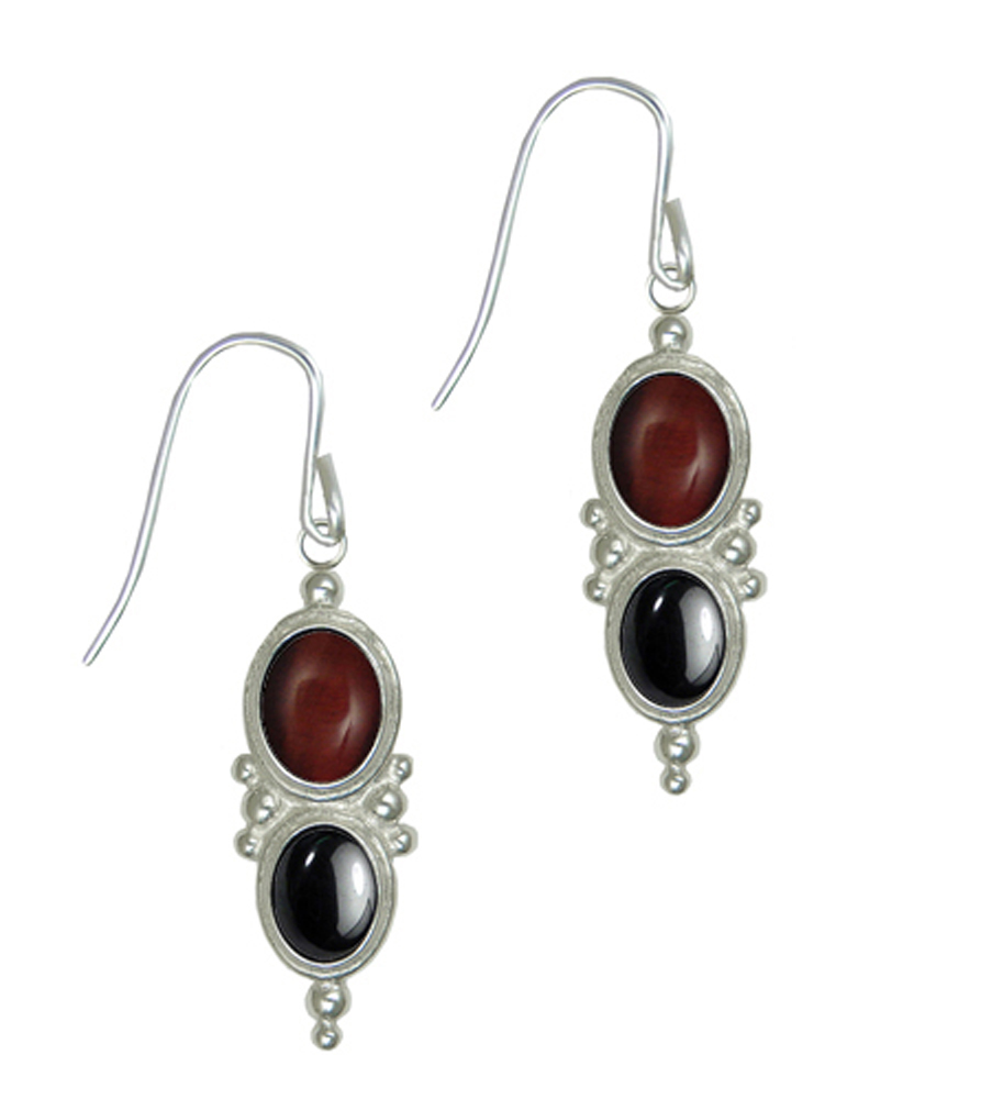 Sterling Silver Drop Dangle Earrings With Red Tiger Eye And Hematite